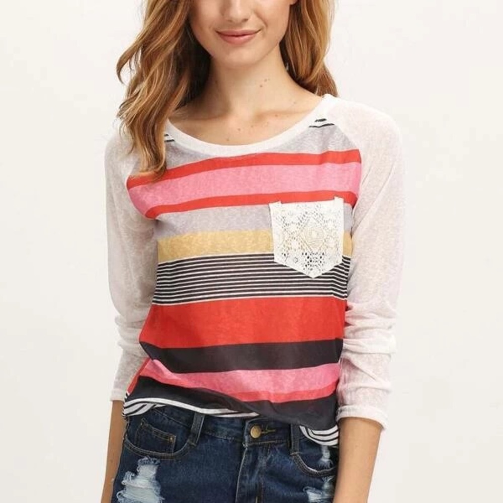 Multicolor Round Neck Striped Pocket Sweater